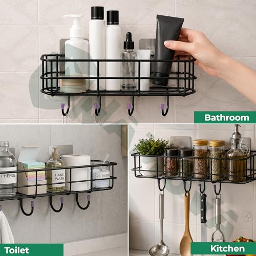 Image of NAMUVA Stainless Steel Bathroom & Kitchen Shelf with 4 Hooks | Self Adhesive Wall Mounted Organizer Rack Black Rust Proof Storage Drill Free Space Saving Holder for Bathroom Home - Pack of 1 CED