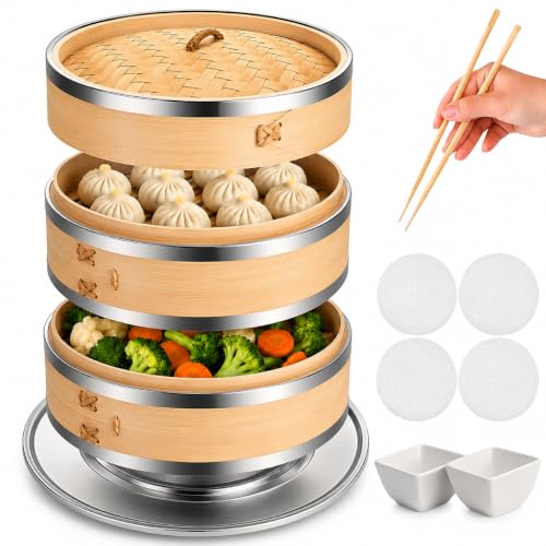 Bamboo Steamer Basket | 2 Tier 10-Inch steaming basket for Dim Sum, Bao Buns, Momos, Rice & Vegetables | Dumpling Steamer, Complete Kit: 4 Reusable Liners, 2 Sauce Dish, 2 Chopsticks, Ring Adapter | Natural Bamboo dumpling steaming basket Kit