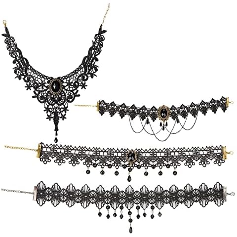 4 pcs Black Choker Gothic Lace Choker Necklace Halloween Decoration Adjustable Choker Collar Punk Lace Necklace Choker with Pendant for Women Girls Cosplay Party Cover