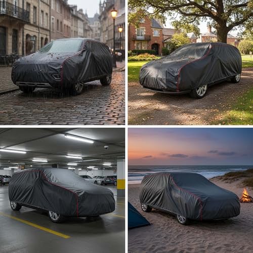 Image of Sulfar 100% Water Resistant Car Body Cover Compatible with Mirror for BMW 5 Series (Triple Stitched, Full Bottom Elastic, Dark Grey Taffeta with Red Piping)