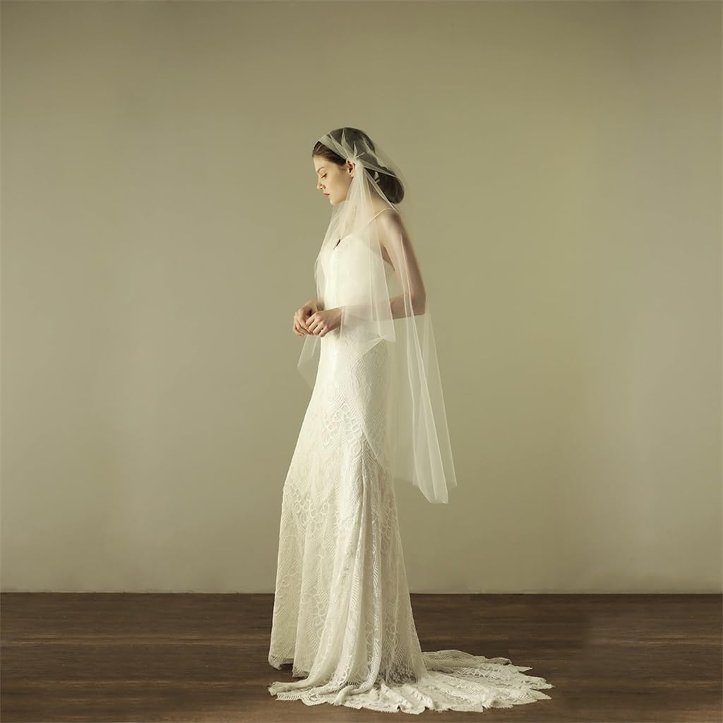 Vintage Hat Sided White Long Bridal Veil Wedding Soft Veil Headdress