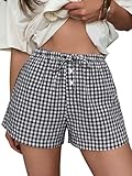 ANRABESS Women's Boxer Shorts Summer Gingham Striped Drawstring Pajama Lounge Shorts With Pockets Trendy Cute Beach Bottoms Black White Plaid X-Large
