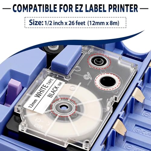 Image of ZIBUYU 12mm Label Tape for Casio Label Printer White with Black Ink 1 Roll | Compatible with KL Series (KL-120, KL-60, KL-820), Waterproof & Fade-Resistant