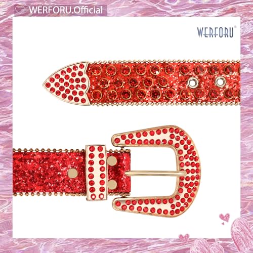Image of WERFORU Women Men Western Rhinestone Studded Leather Belt Unisex Bling Cowgirl Cowboy Waist Belt for Jeans Pants Dress