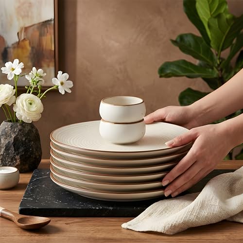 Image of miah decor Dinner Plates Ceramic Set of 6 (10 inch) & Mini Dip Bowl Set of 2 (3.5 inch) | Handcrafted Stoneware Ribbed Off White Matte Finish Plate for Dining & Gifting | Microwave & Dishwasher Safe