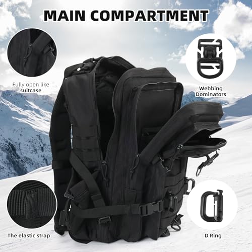 Image of Hannibal Tactical MOLLE Assault Backpack, Tactical Backpack Military Army Camping Rucksack, 3-Day Pack Trip w /USA Flag Patch, D-Rings, Flag patch with water bottle