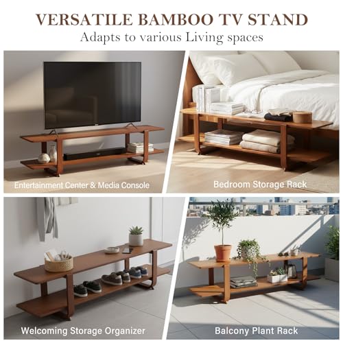 Image of Tiita Walnut TV Stand for 65-Inch TVs, 2 Open Shelves, Modern Media Console | Bamboo Construction, Mid Century Style, Open Storage for Electronics and Decor in Living Rooms and Bedrooms