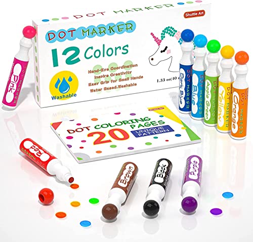 Shuttle Art 12 Couleurs Dot Marqueur à Point Lavable(40ml chacun), Non Toxique, Dot Marker pour Enfants Education Précoce, Bingo Dabber pour Création avec 1 Livre de Coloriage