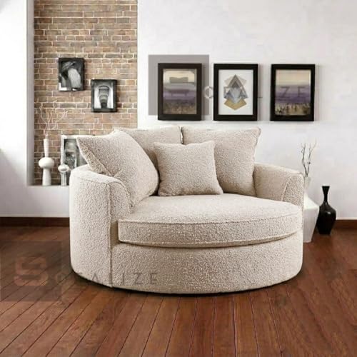 Image of SOFALIZE - Modern Barrel Accent with Pillows Round Sofa Combines Contemporary Design Oversize Arm Chair Cozy Club Chair for Bedroom, Living Room, Lounge, Hotel & Office, Hallways Sofa (Beige Boucle)