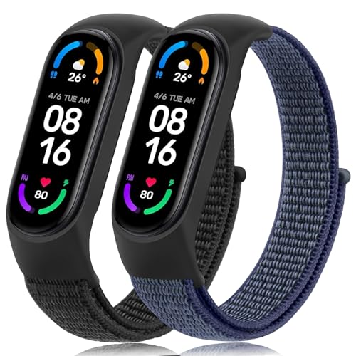 Mugust 2 Stück für Xiaomi Mi Band 7/Mi Band 6/Mi Band 5/Mi Band 4/Mi Band 3 Armband Verstellbares Dehnbares Nylon Ersatzarmband für Xiaomi Mi Band 3/4/5/6/7 (Schwarz+Mitternachtsblau)