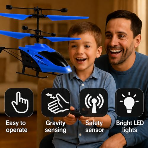 Image of Upgraded 5.1 Gravity Sensor Helicopter Toy for Boys Age 4+, Pro Blak Remote, Safety Sensor, 320 RPM Motor, 2.6 GHz, Rechargeable Battery, LED Lights I Pack of 1 (Blue Black Remote)