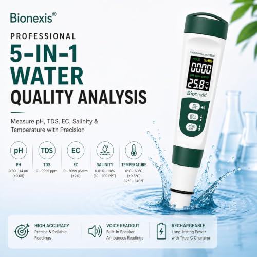 Image of 5-in-1 Digital PH and TDS Meter | Accurate PH, TDS, EC, Salinity & Temperature | Waterproof Swimming Pools, Aquariums, Hydroponics and Drinking Water