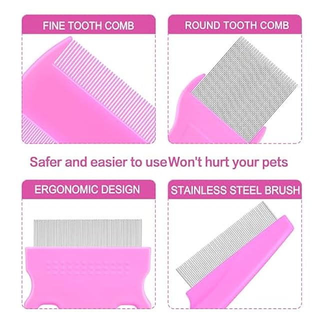 5 Pack Flea Lice Comb,Stainless Steel Dog Cat Grooming Combs With Rounded Teeth,Double-Sided Tear Stain Remover,Dematting Comb For Dogs Cats Ideal For All Types Of Small, Medium, Large Pets (Pink)-Y4BfBTMu