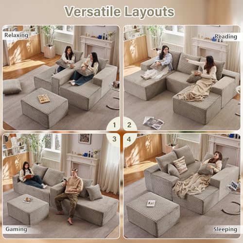 Image of Lakifun 107 inch L-Shape Sofa with Ottoman, Modern Modular Sectional Comfy U-Shape Cloud Couch, Deep Seat, Upholstered Corduroy Sleeper Chaise Longue for Living Room Bedroom, No Assembly Required, Camel