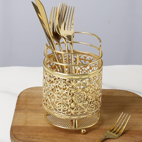 ペン立て レース調 透かしデザイン 金属製 ペンスタンド カトラリーケース 小物収納 卓上収納 文房具・化粧品 多用途収納 高見え オフィス・家庭用 耐久性 (金色)