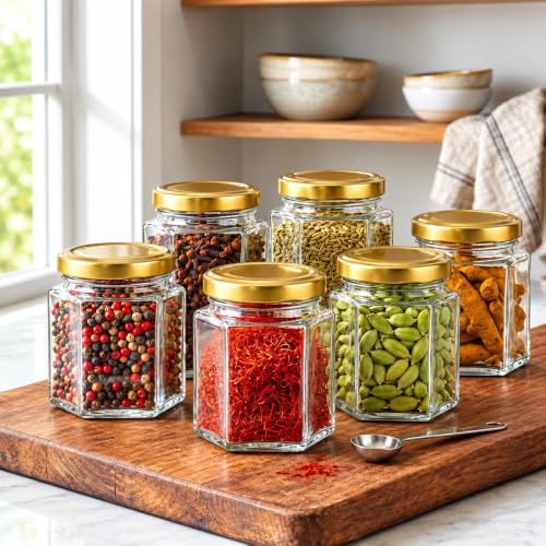 Image of NATURALSPOON Hexagon Glass Jar & Container with Rust Free Air Tight Lid, Suitable for Use in Your Home Office, Kitchen Storage /Glass Jar for Kitchen 250 ml (Gold lid, 6) (6 PCS)