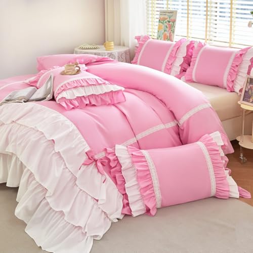 UGEYAO Pink Ruffle Duvet Cover Queen Washed Microfiber Farmhouse Shabby Boho Chic Bedding Comforter...