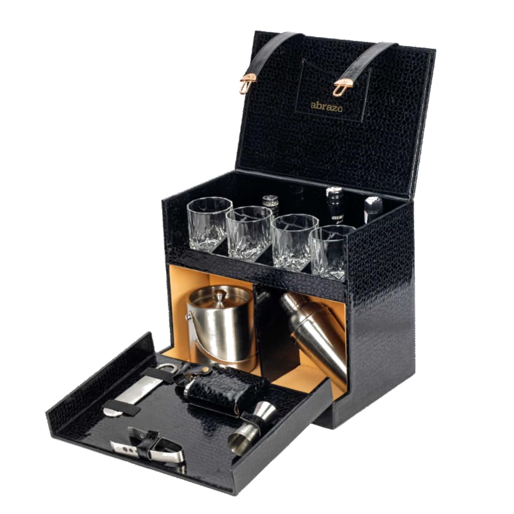 Abrazo Faux Leather Portable Bar Set | Portable Bar Set | Bar Tool Set | Bartender Kit | Croc Pattern Black 4 Glass | Cocktail Shaker | Barset for Picnic | Gifting | Extra Space for Bottles