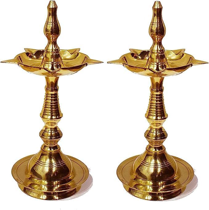 SATVIK 7 Inch Standing Brass Metal Kerala Samai Diwali Deepak for Puja Traditional Panchmahal Pooja Deepam Diya Oil Lamp Kutthu Vilakku Dia Deepawali Indian Housewarming Return Gift Item (Pack of 2)