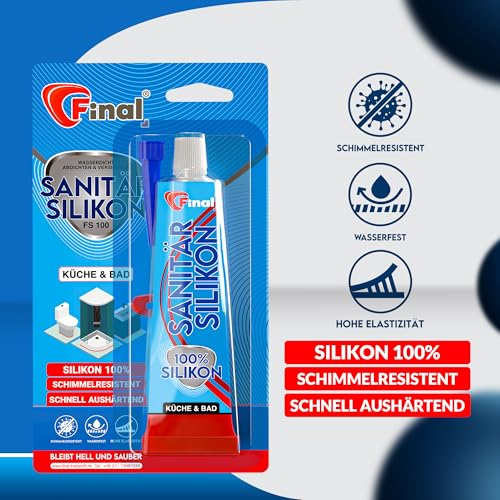 FINAL Sanitär Silikon 1x50ml - Wasserfester Dichtstoff in Profiqualität, für Bad, Dusche & Küche, schimmelresistent, antibakteriell & elastisch, haftet auf Glas, Metall, Keramik & Holz, Transparent