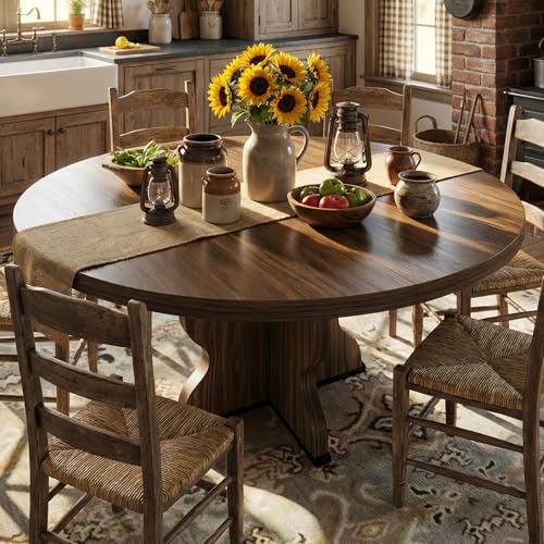 Garvee 47"-63" Extendable Round Dining Room Table for 4-8, Farmhouse Expandable Wood Kitchen Table w/Wider Leg, Sturdy Metal Frame, Oval Circle, for Dinner, Kitchen, Apartment, Space Save, Walnut - Image 5