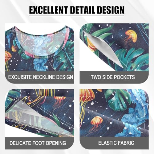 ALAZA Jellyfish and Tropical Leaves on Space Pajama Set Short Sleeve Sleepwear Soft Lounge Nightwear4