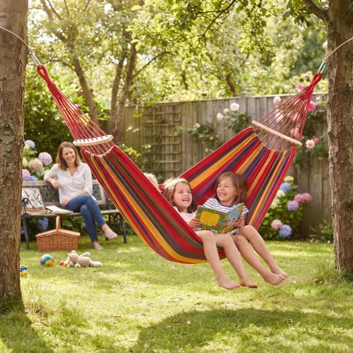 Image of Baskety Double Person Cotton Canvas Hammock with Spreader Bars, Ultralight Travel & Camping Swing Bed for Balcony, Garden, Outdoor & Beach - Max Load 200KG, Red (280 x 100 cm)