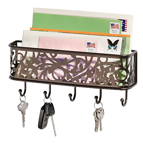 Mdesign Wall Mount Metal Entryway Storage Organizer Mail Sorter Basket With 5 Hooks - Letter, Magazine, Coat, Leash And Key Holder For Entryway, Mudroom, Hallway, Kitchen, Office - Bronze #TOP3