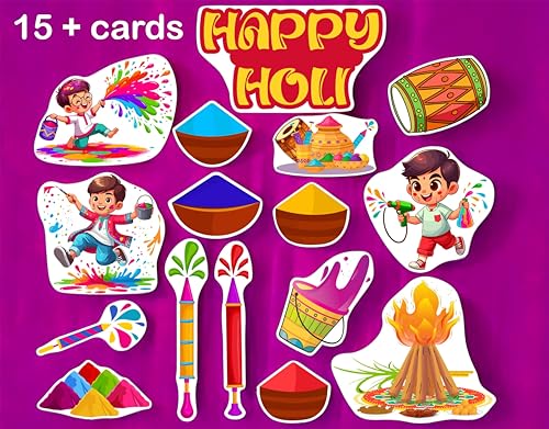 Image of 20+ Pcs Theme Photo Booth Cards /Props for Kids, New Born, 20+ Pcs Props for Photoshoot Celebrations Decorations Cardstock (Holi Theme)