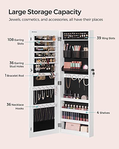 Image of SONGMICS Jewelry Cabinet Armoire, Lockable Wall-Mounted Organizer Unit with 2 Plastic Cosmetic Storage Trays, Full-Length Frameless Mirror, White UJJC001W01