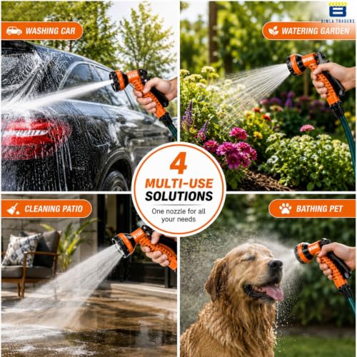 Image of Btag 7-Pattern Garden Spray Gun Hose Nozzle with Adjustable Trigger Handle, Water Spray Nozzle for Car Wash, Lawn & Garden Watering - with Orange Connector (SPRAY001 Orange)