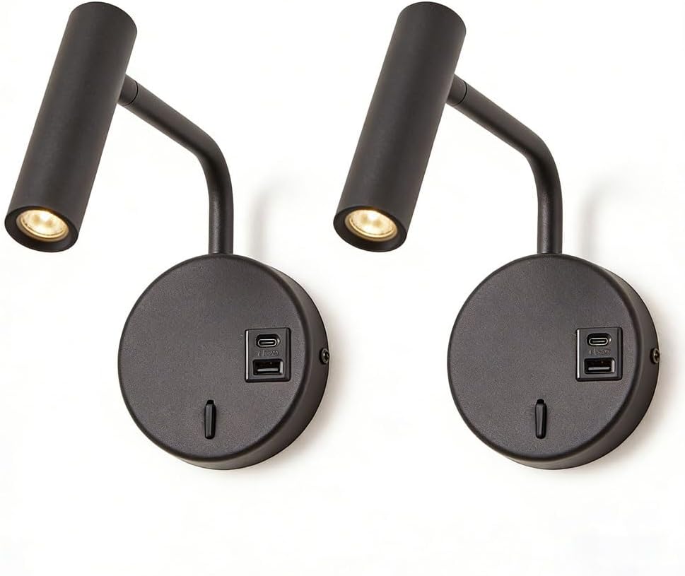 Black Wall Mounted Reading Light for Bedroom, USB-A and USB-C Charging Ports, 2 Pack LED Swing Arm Wall Sconce with Switch On/Off Flexible Rotatable Headboard Spot Lights, 3W 3000K