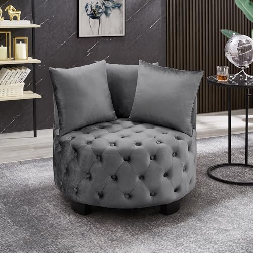 Vetioc Velvet Accent Lounge Chair - 31.25''W Upholstered Button Tufted Velvet Barrel Chair with 3 Pillows, with Button Tufted, Modern Round Club Chair, Reading Sofa Chair (Grey)