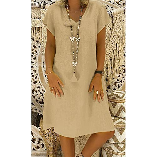 SLENDIPLUS Vestido longo feminino de verão, liso, gola V, estilo algodão, gola virada, casual, linho