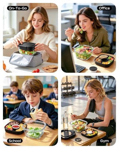Image of Glass Salad Container,56oz Salad Bowl To Go for Lunch with Airtight Lid,Leak-Proof Sauce Container,4-Compartment Bento Tray & Reusable Fork - BPA-Free Glass Lunch Box for Meal Prep,Office(Black)