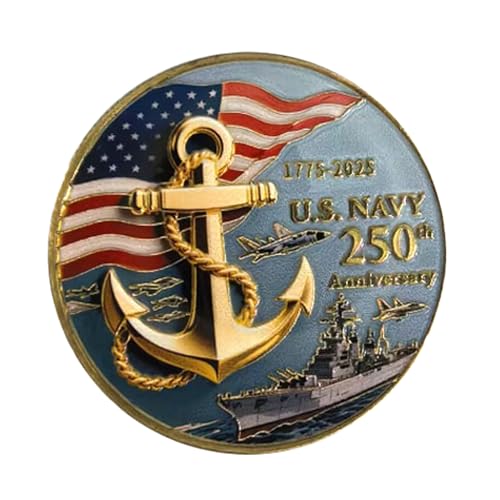 Gold Plated US Navy 250th Anniversary Commemorative Coin with Battleship Anchor and Jets – Hard Enamel Military Collectible in Protective Case for Veterans and Patriotic Collectors