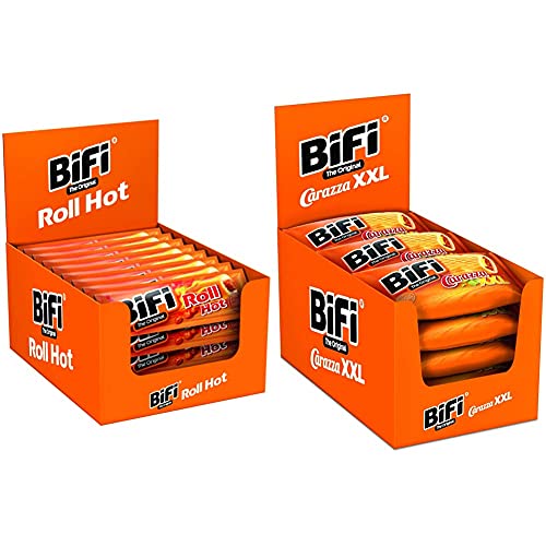 BiFi Roll Hot – 24er Pack (24 x 45 g) – Herzhafter, pikanter Salami Fleischsnack – Snack im Teigmantel & Carazza Original XXL – 16er Pack (16 x 75 g) – Herzhafter Pizzasnack zum Mitnehmen