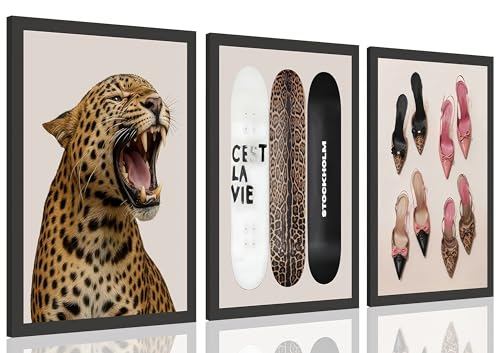 Lot de 3 décorations murales sans cadre - Imprimé léopard et art tendance avec talons, skateboards et léopard