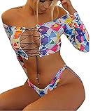Women’s 2 Pieces off Shoulder Lace up Front Tie Dye Bikini Set Bathing Suits Swimwear Swimsuits (L)