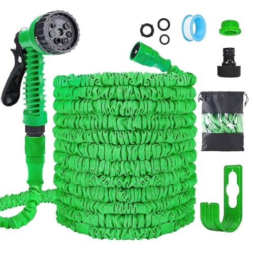 Expandable Garden Hose Pipe 30m/100ft, Heavy Duty Flexible with 7-Function Spray Gun, 3/4" 1/2" Fittings, Double Layer Latex Core Hosepipe, Durable & Anti-Leak Kink Free (Green)