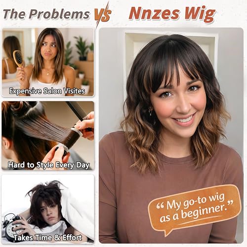 Image of Nnzes Wig Bangs Natural Purple Short Wavy Hair for Women Natural Looking Heat Resistant Bob Wigs with Synthetic Wig for Daily Party Use