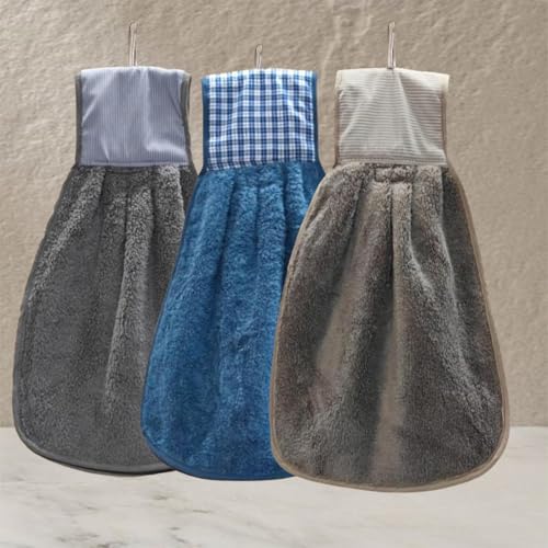 Image of Hand Towel with Loop | 600 GSM | Hanging Napkin for Wash Basin, Kitchen Sink, Bathroom| Pack of 3 in (Grey, Blue and Cream) | Assorted