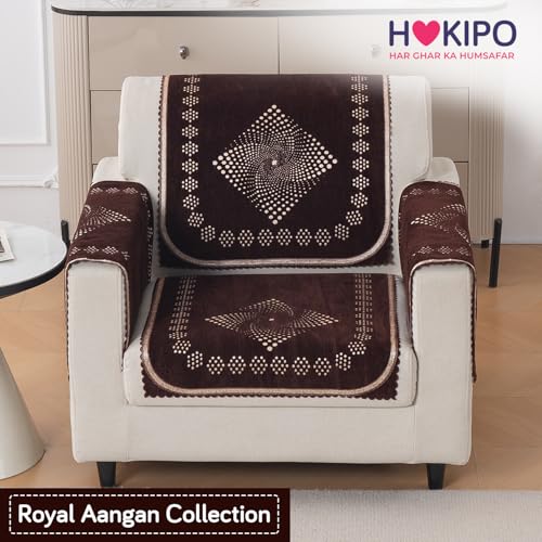 Image of HOKIPO Sheesh Brown Premium Chenille Jacquard Sofa Cover for 1 Seater for Seat & Back, 'Royal Aangan Series' (IN-1006-L5*2)