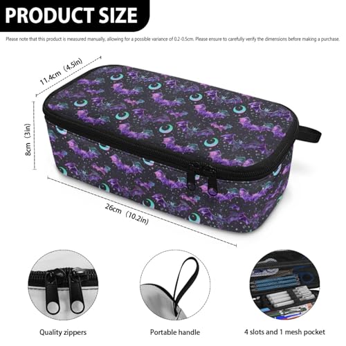Image of Bat Star Moon Pencil Case for Kids Halloween Large Pencil Pouch for 3-16 Years Boys Girls Pencil Organizer for Children Personalized Pencil Bag with Mesh Pocket and Protable Handle