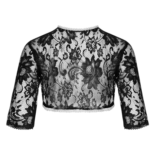 JEATHA Kids Girls 3/4 Sleeve Bolero Cardigan Shrug Floral Lace Open Front Sheer Mesh Cropped Outerwear Tops