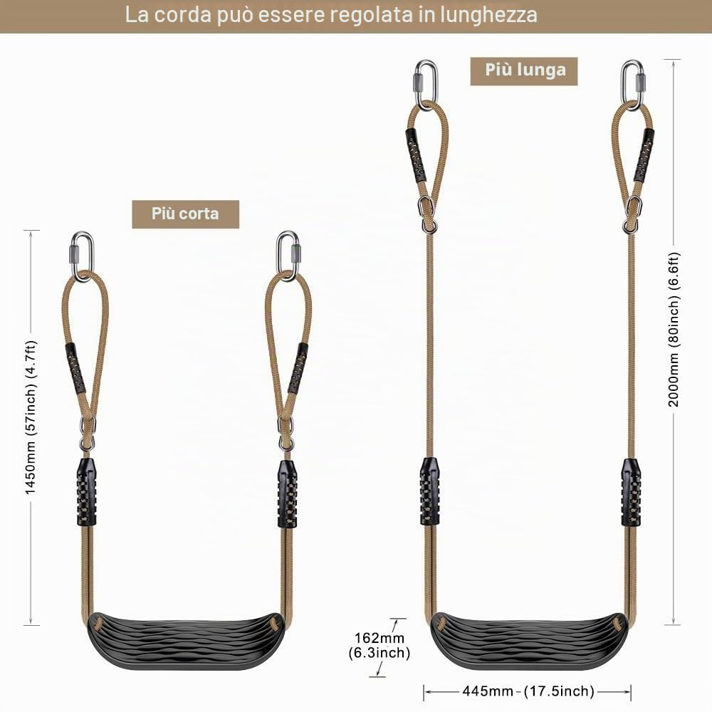 SELEWARE Seggiolino per Altalena in Plastica, Altalena Antiscivolo con Corda Regolabile e 2 Moschettoni, Accessorio per Altalena da Parco Giochi per Bambini Cortile Esterno, Nero