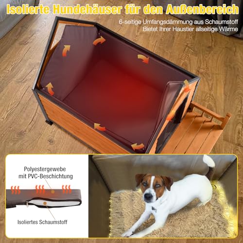 Aivituvin Outdoor Hundehaus mit isolierter Futterung, Wasserdichtes Welpen Schutzhaus, Indoor Hundehütte, beißgeschütztes Design, für kleine bis mittlere Hunde mit Veranda (Braun, L mit isolierter)