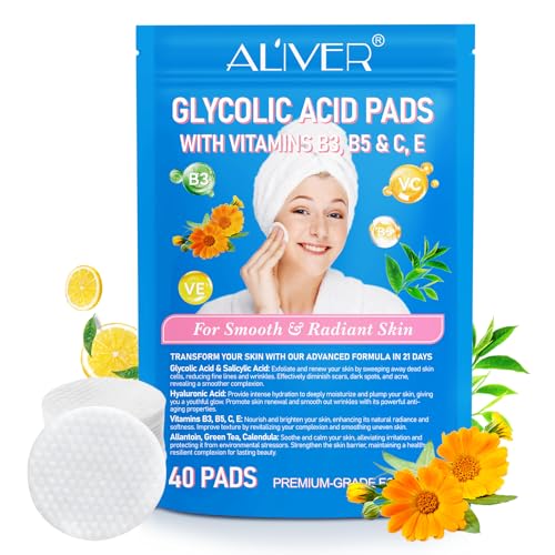 Glycolic Acid Pads 40P, Acid Brush Cotton Pads, Glycolic Acid 20% Resurfacing Pads, With Vitamins B3, B5, C, E & Collagen, Exfoliates Surface Skin, For Smooth & Radiant Skin