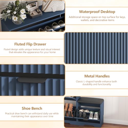 Image of HUANLEGO Shoe Cabinet Storage for Entryway with Flip Drawer & Bench, Blue