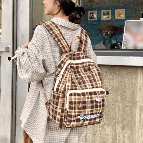 Teclado Kawaii Backpack Brown Plaid Cute Casual Bookbags Travel Daypacks (White)3